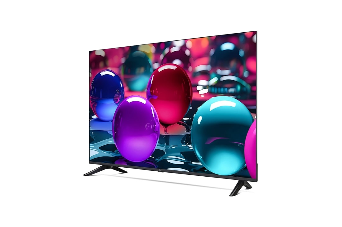 LG Телевизор LG 50UA73006LA 50'' UHD AI 4K 2025, Вид с поворота телевизора LG UHD UA73 справа с акцентом на вид рамки. На скринфиле изображены стеклянные сферы., 50UA73006LA, thumbnail 3