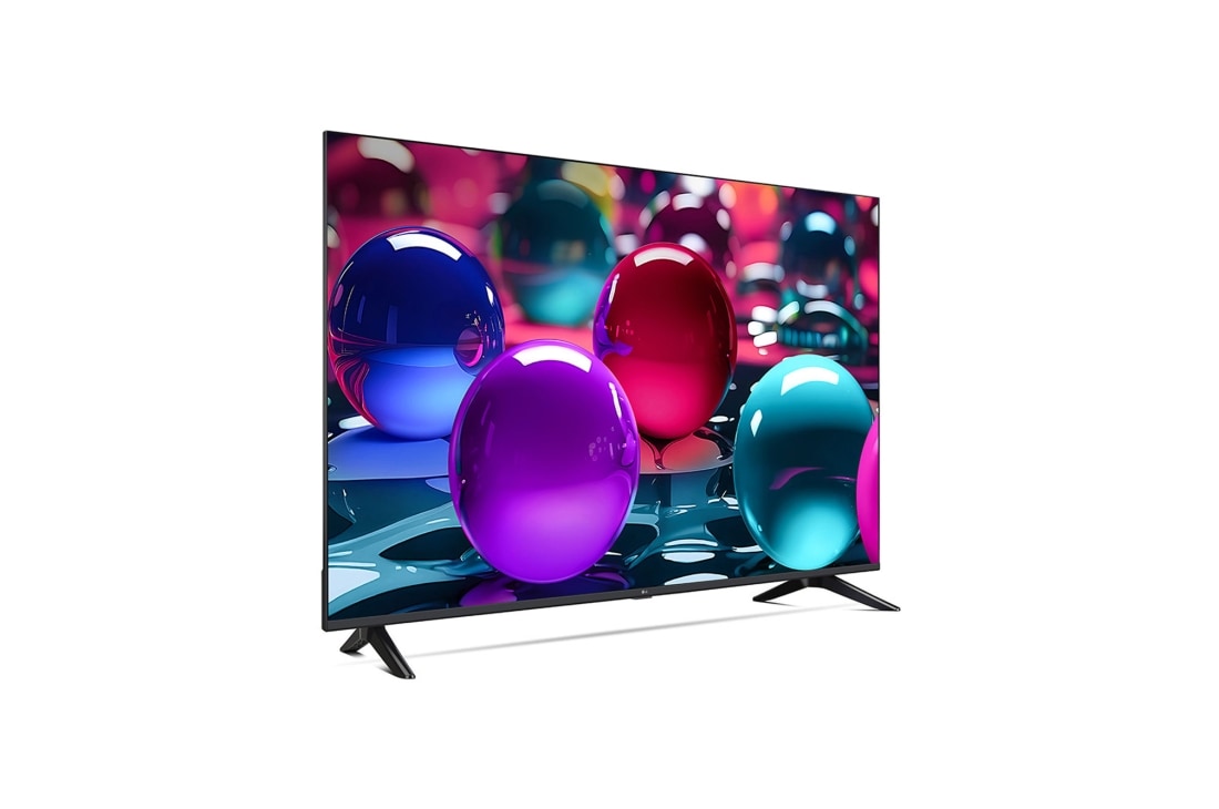 LG Телевизор LG 50UA73006LA 50'' UHD AI 4K 2025, Вид с поворота телевизора LG UHD UA73 слева с акцентом на вид рамки. На скринфиле изображены стеклянные сферы., 50UA73006LA, thumbnail 4