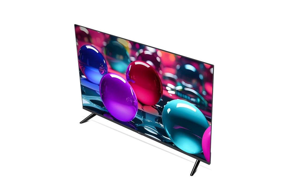 LG Телевизор LG 55UA73006LA 55'' UHD AI 4K 2025, Вид телевизора LG UHD UA73 сверху три четверти. На скринфиле изображены стеклянные сферы., 55UA73006LA, thumbnail 7