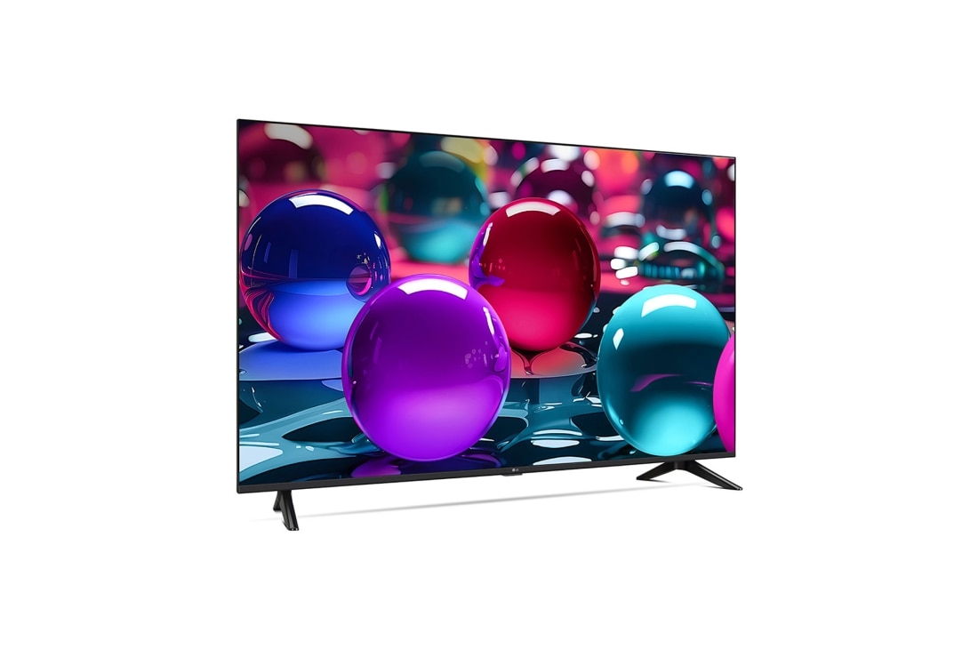 LG Телевизор LG 65UA73006LA 65'' UHD AI 4K 2025, Вид телевизора LG UHD UA73 на поворот слева в три четверти фронтальный. На скринфиле изображены стеклянные сферы., 65UA73006LA, thumbnail 5