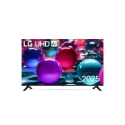 LG Телевизор LG 65UA73006LA 65'' UHD AI 4K 2025, Фронтальный вид телевизора LG UHD UA73 с лого LG UHD Al в верхнем углу. На скринфиле изображены стеклянные сферы., 65UA73006LA, thumbnail 1
