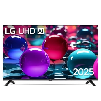 Фронтальный вид телевизора LG UHD UA73 с лого LG UHD Al в верхнем углу. На скринфиле изображены стеклянные сферы.