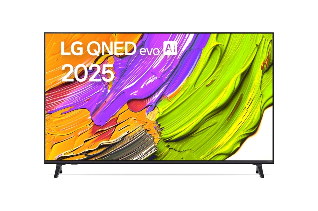 LG 65-дюймовый LG QNED AI QNED70 4K Smart TV 2025, Фронтальный вид телевизора LG QNED70 с лого LG QNED Al в верхнем углу. На скринфиле изображены яркие мазки краски., 65QNED70A6A