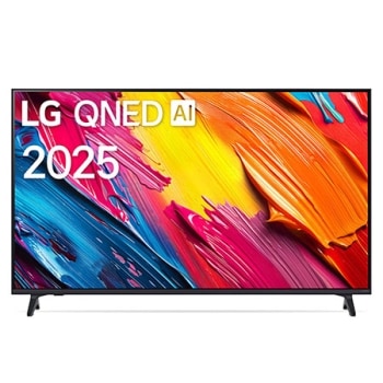 Фронтальный вид телевизора LG QNED70 с лого LG QNED Al в верхнем углу. На скринфиле изображены яркие мазки краски.1
