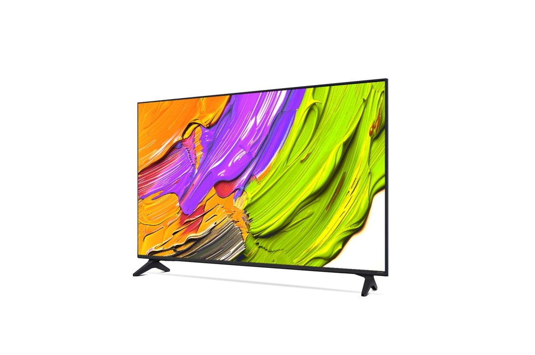 LG Телевизор LG 55QNED70A6A 55'' QNED AI 4K 2025, Вид с поворота телевизора LG QNED70 слева с акцентом на вид рамки. На скринфиле изображены яркие мазки краски., 55QNED70A6A, thumbnail 3