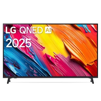 Фронтальный вид телевизора LG QNED70 с лого LG QNED Al в верхнем углу. На скринфиле изображены яркие мазки краски.1