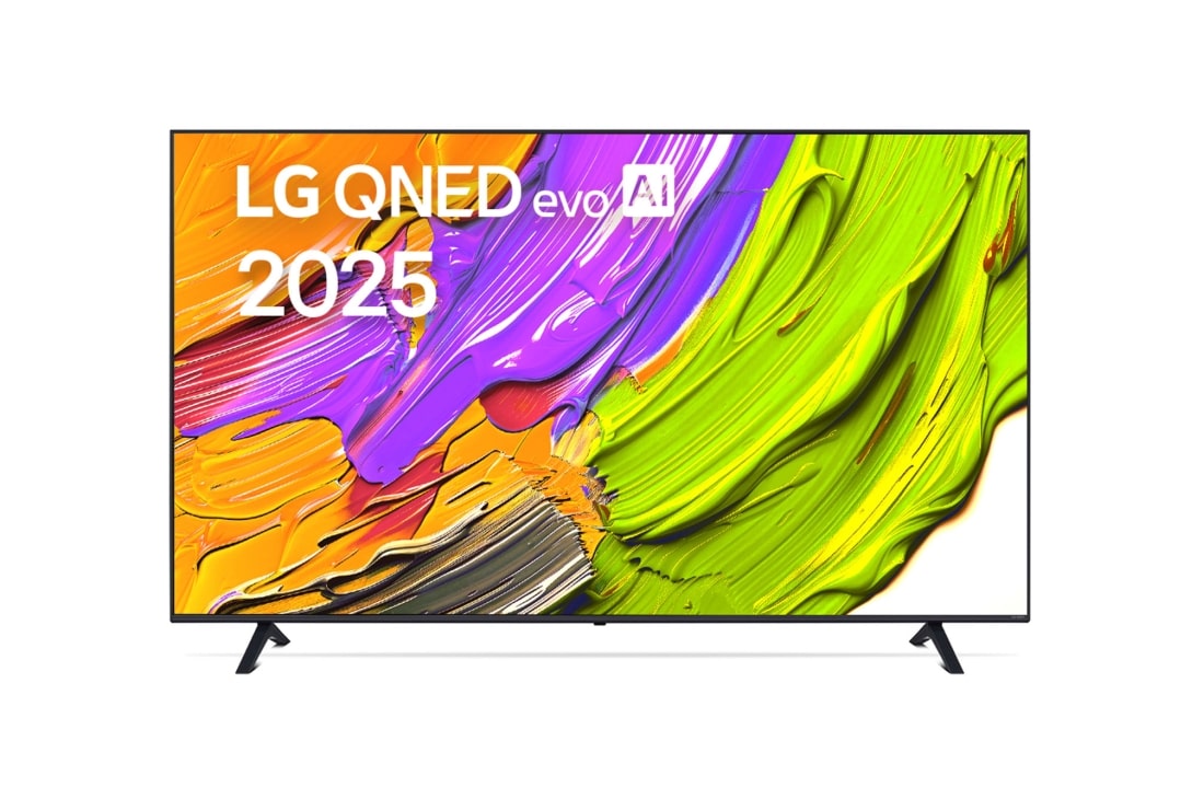 LG 75-дюймовый LG QNED AI QNED70 4K Smart TV 2025, Фронтальный вид телевизора LG QNED70 с лого LG QNED Al в верхнем углу. На скринфиле изображены яркие мазки краски., 75QNED70A6A