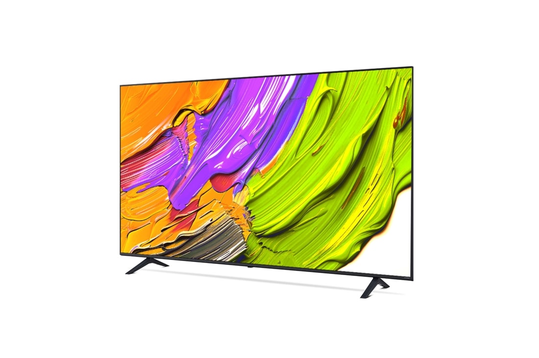 LG Телевизор LG 75QNED70A6A 75'' QNED AI 4K 2025, Вид телевизора LG QNED70 на поворот слева в три четверти фронтальный. На скринфиле изображены яркие мазки краски., 75QNED70A6A, thumbnail 7