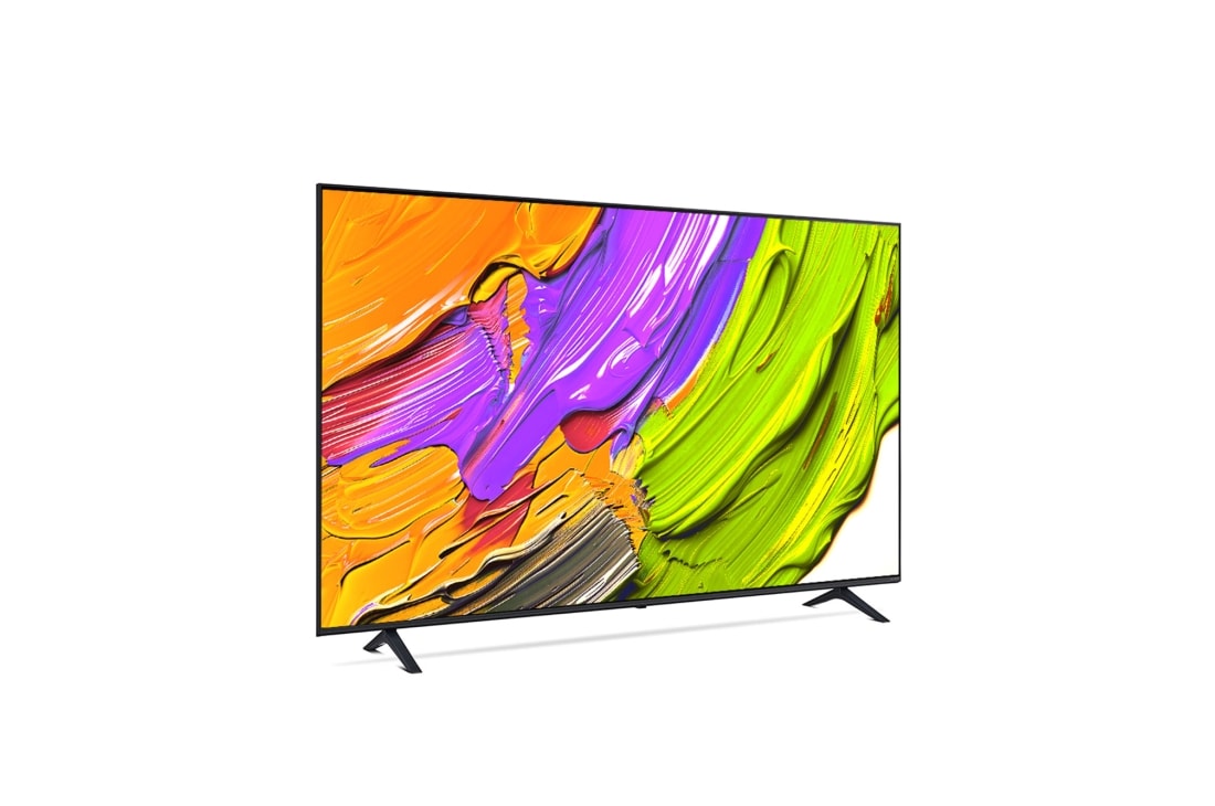 LG Телевизор LG 75QNED70A6A 75'' QNED AI 4K 2025, Вид телевизора LG QNED70 на поворот справа в три четверти фронтальный. На скринфиле изображены яркие мазки краски., 75QNED70A6A, thumbnail 4