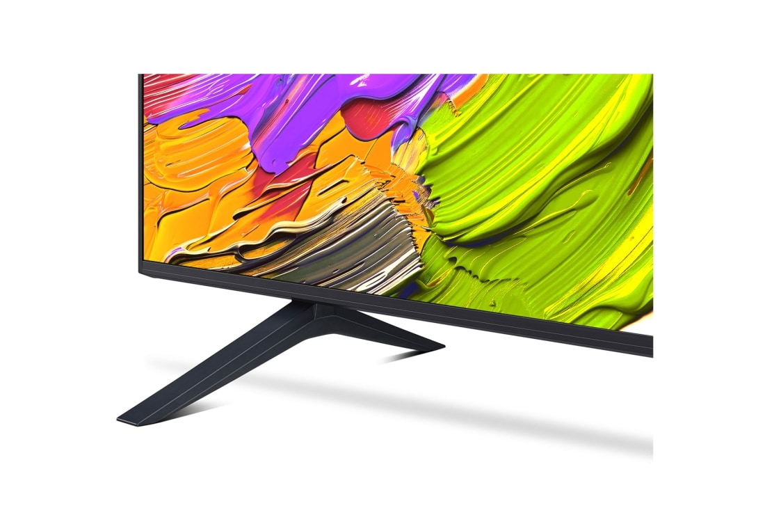 LG Телевизор LG 75QNED70A6A 75'' QNED AI 4K 2025, Крупный план подставки телевизора LG QNED70. Видна подставка, угол телевизора с рамкой и скринфил с яркими мазками краски. , 75QNED70A6A, thumbnail 10