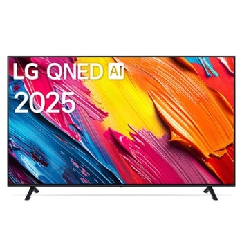 Фронтальный вид телевизора LG QNED70 с лого LG QNED Al в верхнем углу. На скринфиле изображены яркие мазки краски.1