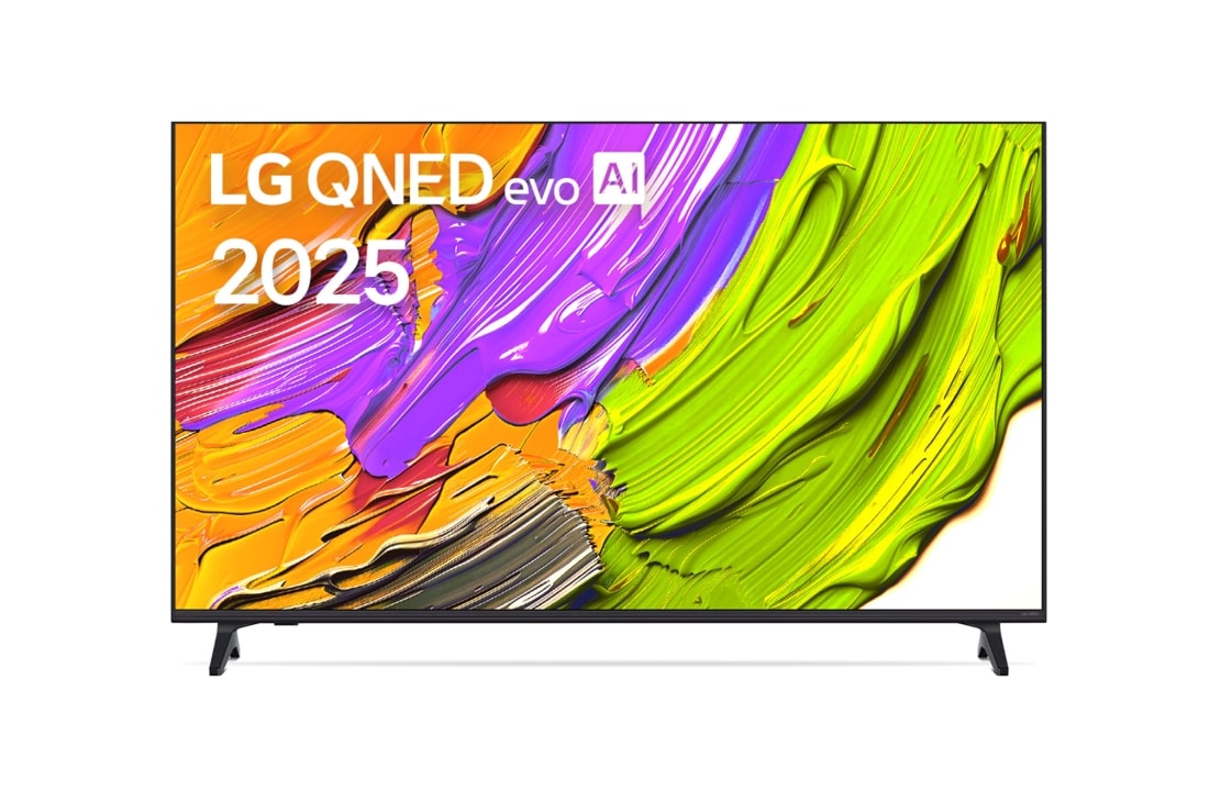 LG 50-дюймовый LG QNED AI QNED70 4K Smart TV 2025, Фронтальный вид телевизора LG QNED70 с лого LG QNED Al в верхнем углу. На скринфиле изображены яркие мазки краски., 50QNED70A6A