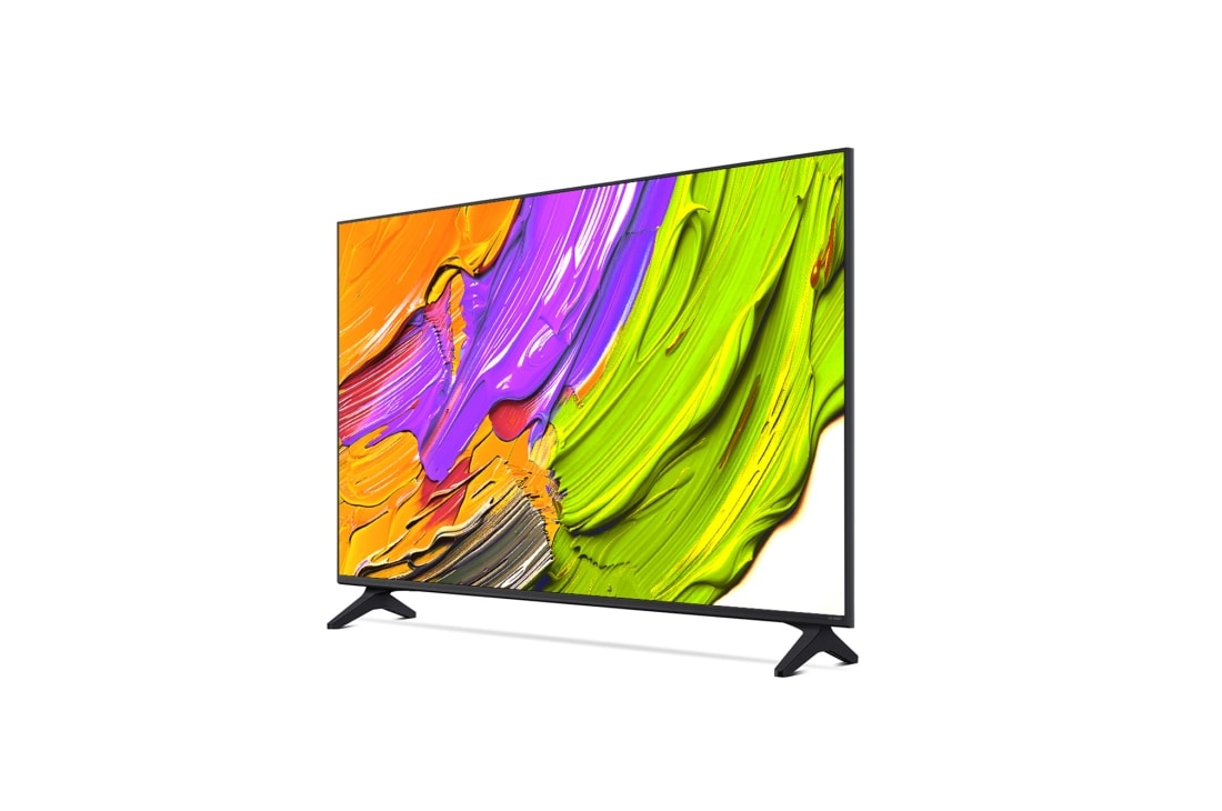 LG Телевизор LG 50QNED70A6A 50'' QNED AI 4K 2025, Вид с поворота телевизора LG QNED70 слева с акцентом на вид рамки. На скринфиле изображены яркие мазки краски., 50QNED70A6A, thumbnail 6