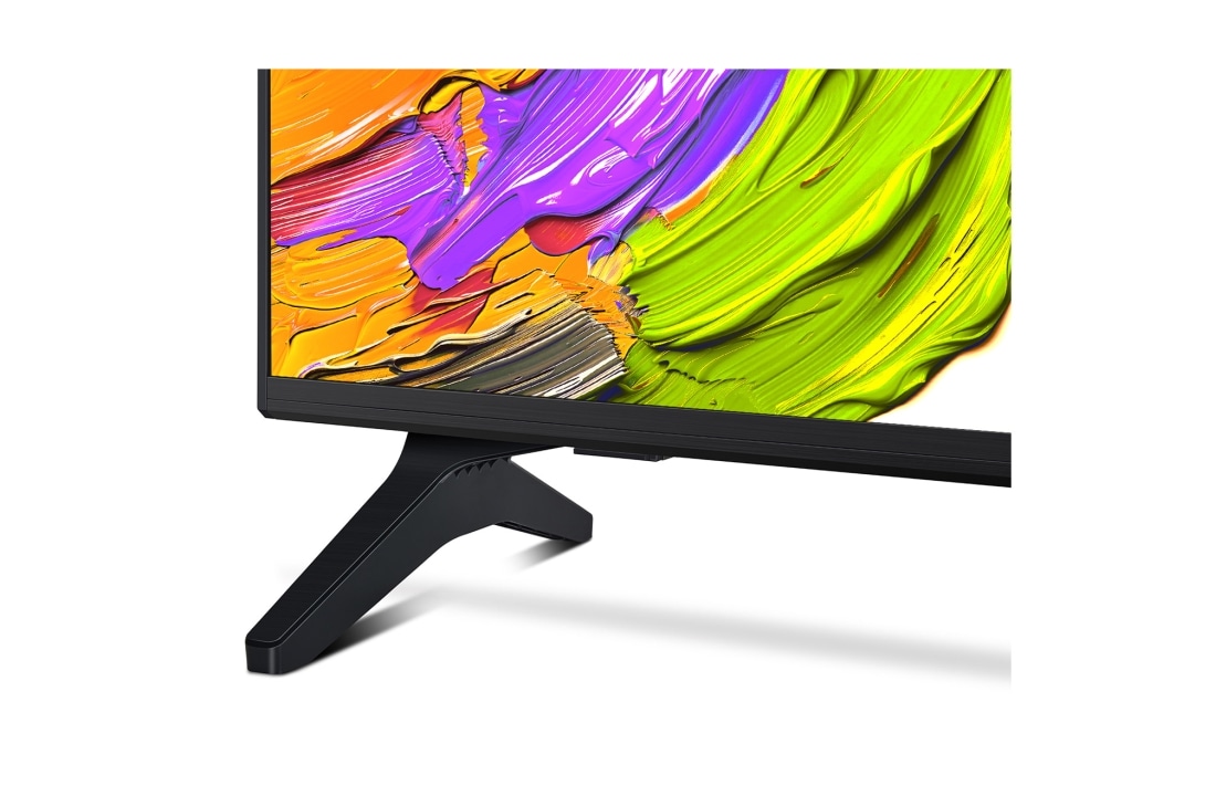 LG Телевизор LG 50QNED70A6A 50'' QNED AI 4K 2025, Крупный план подставки телевизора LG QNED70. Видна подставка, угол телевизора с рамкой и скринфил с яркими мазками краски. , 50QNED70A6A, thumbnail 10