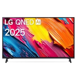 Фронтальный вид телевизора LG QNED70 с лого LG QNED Al в верхнем углу. На скринфиле изображены яркие мазки краски.2