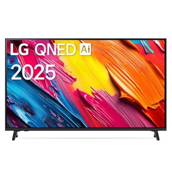 Фронтальный вид телевизора LG QNED70 с лого LG QNED Al в верхнем углу. На скринфиле изображены яркие мазки краски.1