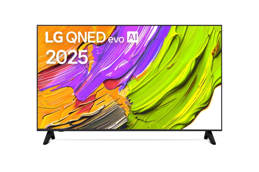 LG 43-дюймовый LG QNED AI QNED70 4K Smart TV 2025, Фронтальный вид телевизора LG QNED70 с лого LG QNED Al в верхнем углу. На скринфиле изображены яркие мазки краски., 43QNED70A6A