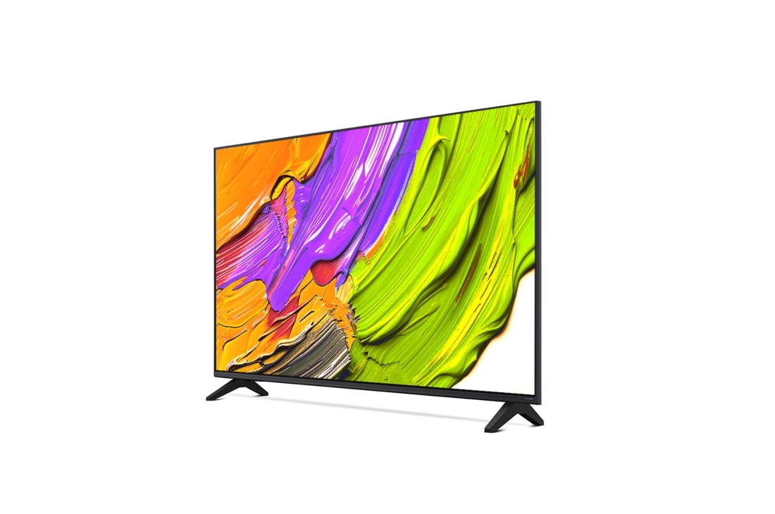LG Телевизор LG 43QNED70A6A 43'' QNED AI 4K 2025, Вид с поворота телевизора LG QNED70 слева с акцентом на вид рамки. На скринфиле изображены яркие мазки краски., 43QNED70A6A, thumbnail 6