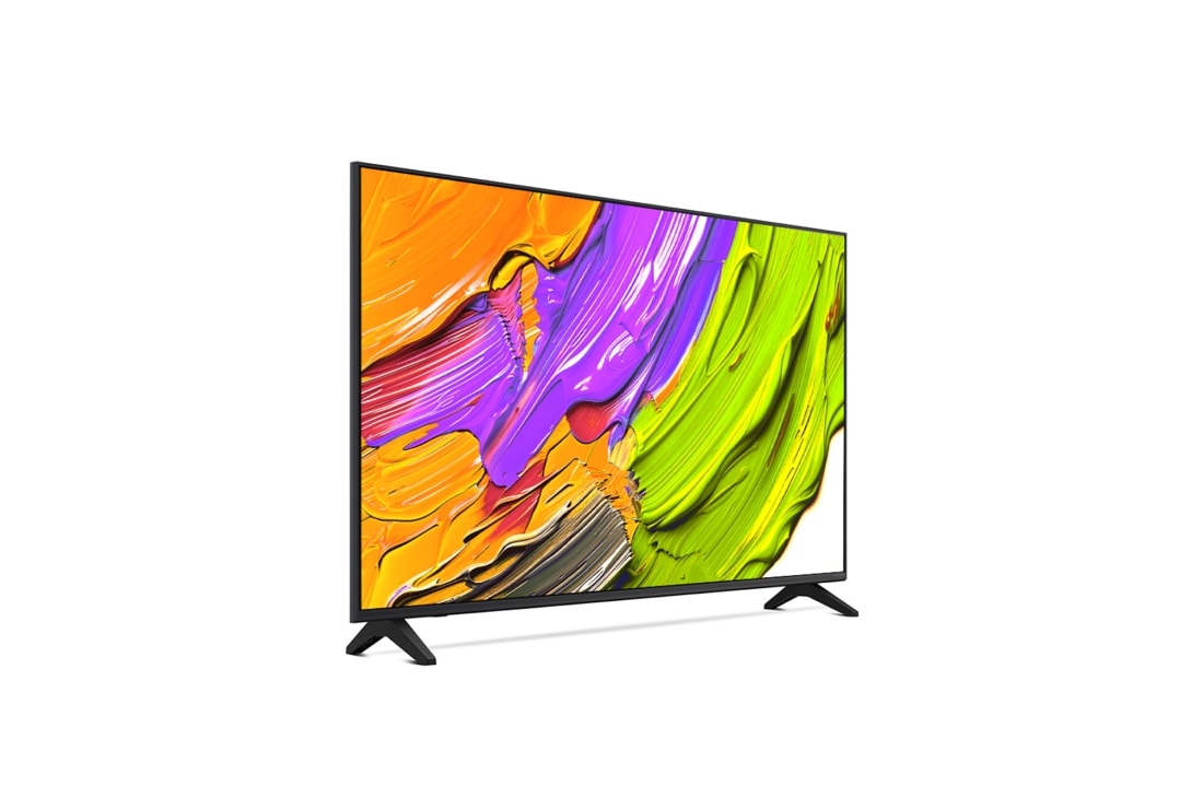 LG Телевизор LG 43QNED70A6A 43'' QNED AI 4K 2025, Вид с поворота телевизора LG QNED70 справа с акцентом на вид рамки. На скринфиле изображены яркие мазки краски., 43QNED70A6A, thumbnail 5
