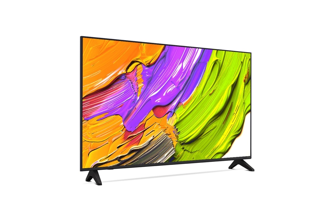 LG Телевизор LG 43QNED70A6A 43'' QNED AI 4K 2025, Вид телевизора LG QNED70 на поворот справа в три четверти фронтальный. На скринфиле изображены яркие мазки краски., 43QNED70A6A, thumbnail 4