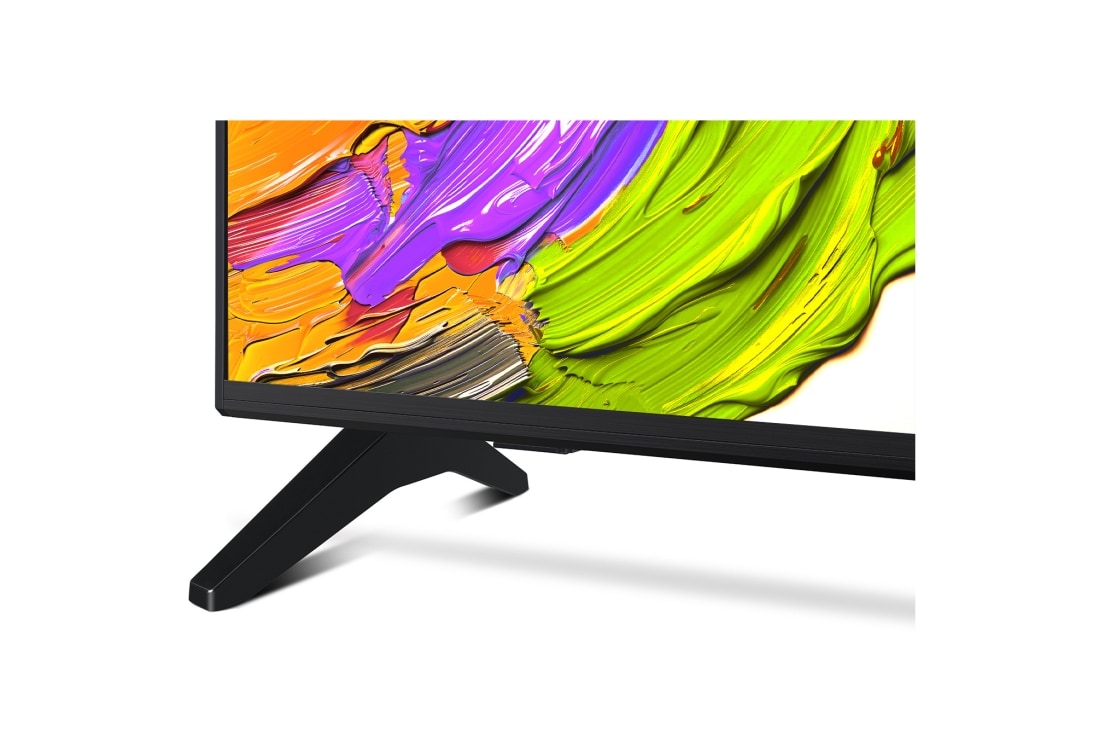 LG Телевизор LG 43QNED70A6A 43'' QNED AI 4K 2025, Крупный план подставки телевизора LG QNED70. Видна подставка, угол телевизора с рамкой и скринфил с яркими мазками краски. , 43QNED70A6A, thumbnail 10