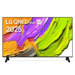 Фронтальный вид телевизора LG QNED70 с лого LG QNED Al в верхнем углу. На скринфиле изображены яркие мазки краски.