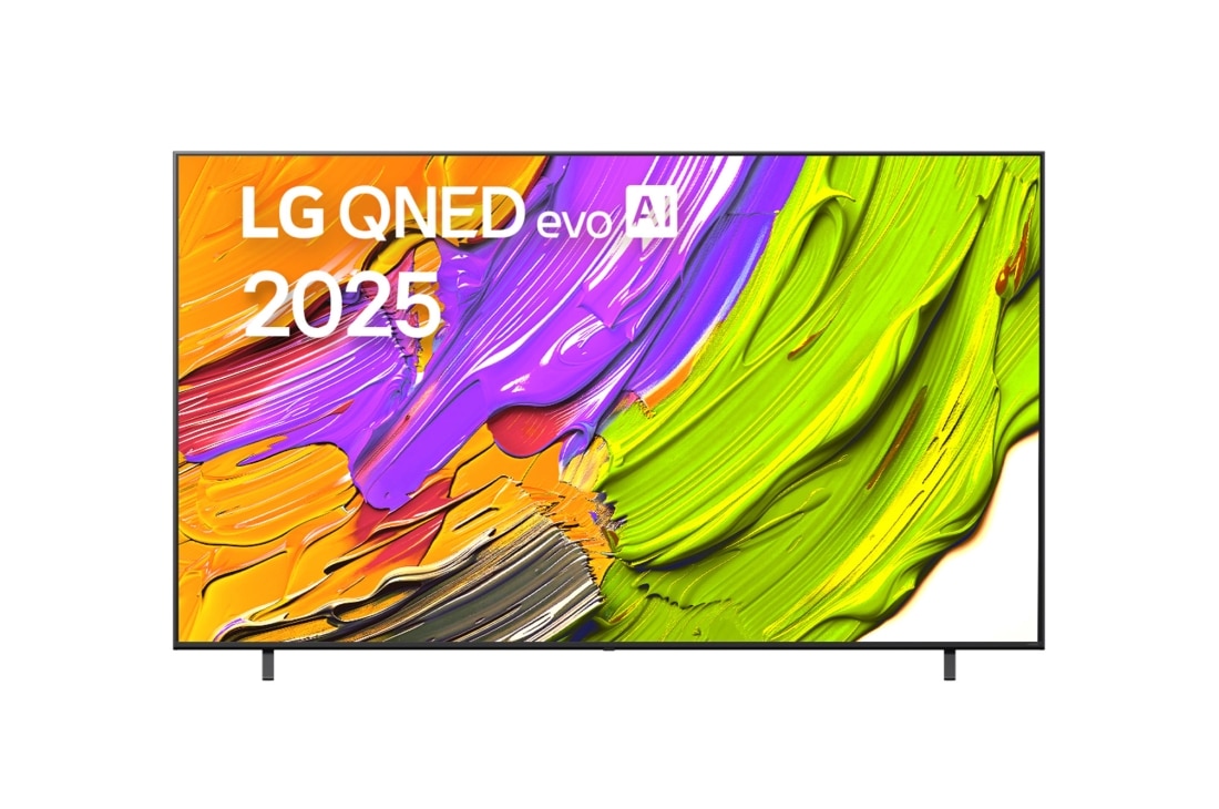LG 86-дюймовый LG QNED AI QNED70 4K Smart TV 2025, Фронтальный вид телевизора LG QNED70 с лого LG QNED Al в верхнем углу. На скринфиле изображены яркие мазки краски., 86QNED70A6A