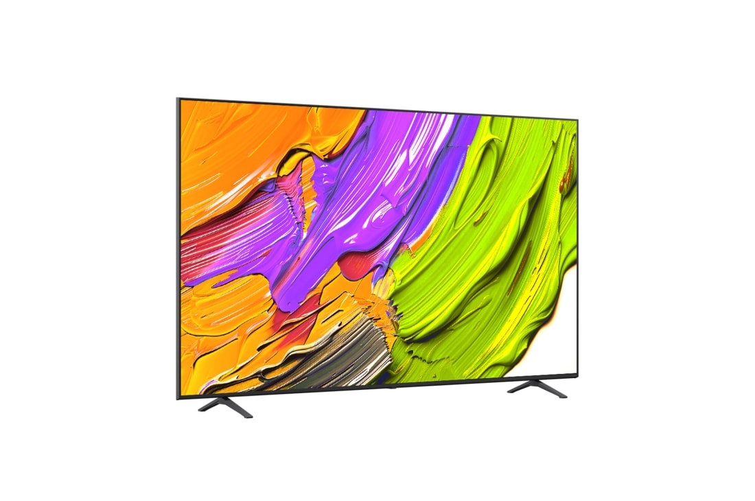 LG Телевизор LG 86QNED70A6A 86'' QNED AI 4K 2025, Вид телевизора LG QNED70 на поворот справа в три четверти фронтальный. На скринфиле изображены яркие мазки краски., 86QNED70A6A, thumbnail 4