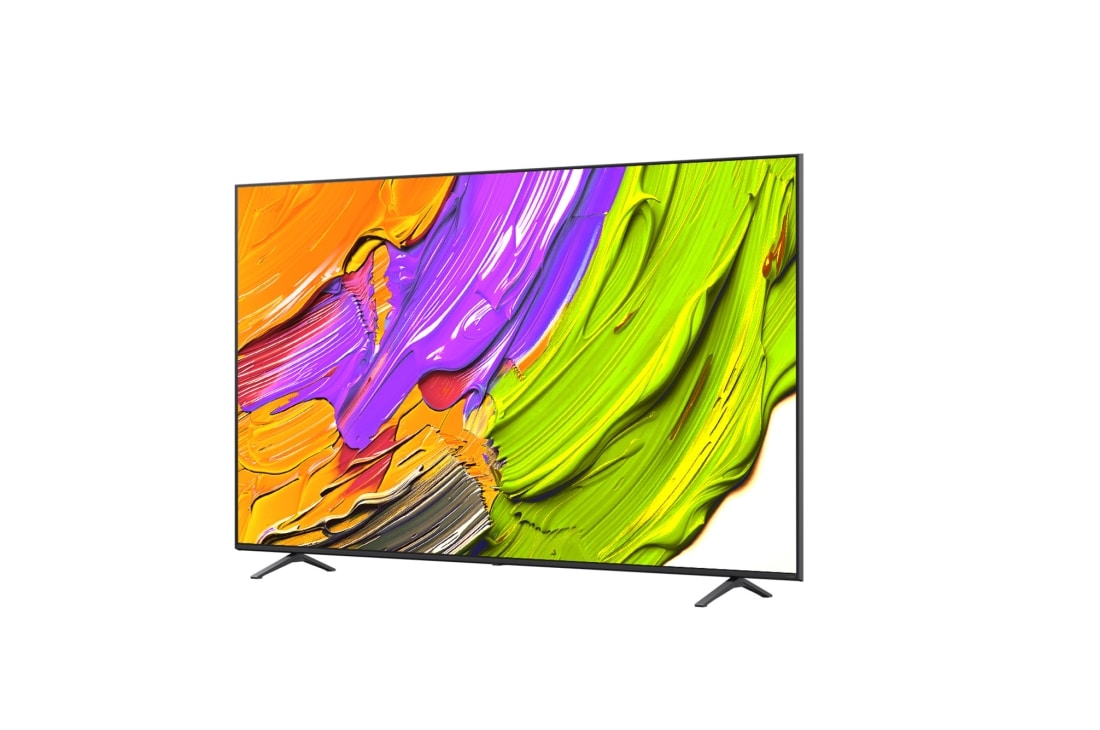 LG Телевизор LG 86QNED70A6A 86'' QNED AI 4K 2025, Вид телевизора LG QNED70 на поворот слева в три четверти фронтальный. На скринфиле изображены яркие мазки краски., 86QNED70A6A, thumbnail 7