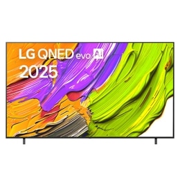 Фронтальный вид телевизора LG QNED70 с лого LG QNED Al в верхнем углу. На скринфиле изображены яркие мазки краски.2