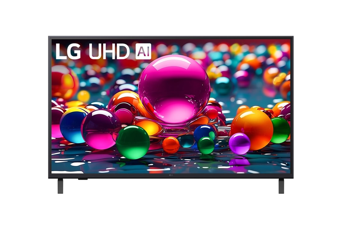 LG 43-дюймовый телевизор Smart TV LG UHD AI UА74 4K 2025, Фронтальный вид телевизора LG UHD UA74 с лого LG UHD Al в верхнем углу. На скринфиле изображены стеклянные сферы., 43UA74006LB