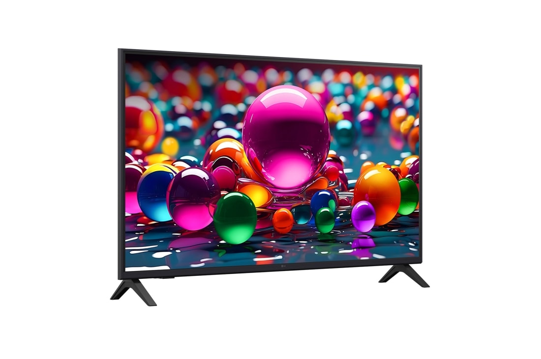 LG Телевизор LG 43UA74006LB 43'' UHD AI 4K 2025, Вид телевизора LG UHD UA74 на поворот справа в три четверти фронтальный. На скринфиле изображены стеклянные сферы., 43UA74006LB, thumbnail 2