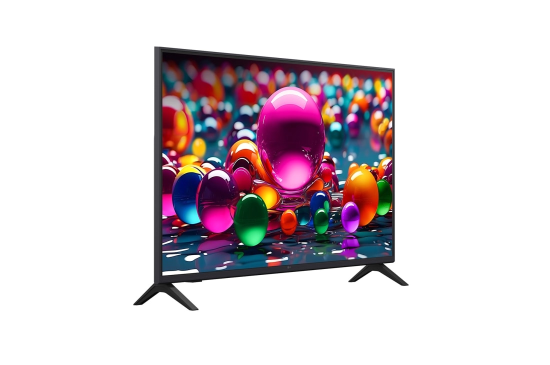 LG Телевизор LG 43UA74006LB 43'' UHD AI 4K 2025, Вид с поворота телевизора LG UHD UA74 справа с акцентом на вид рамки. На скринфиле изображены стеклянные сферы., 43UA74006LB, thumbnail 3