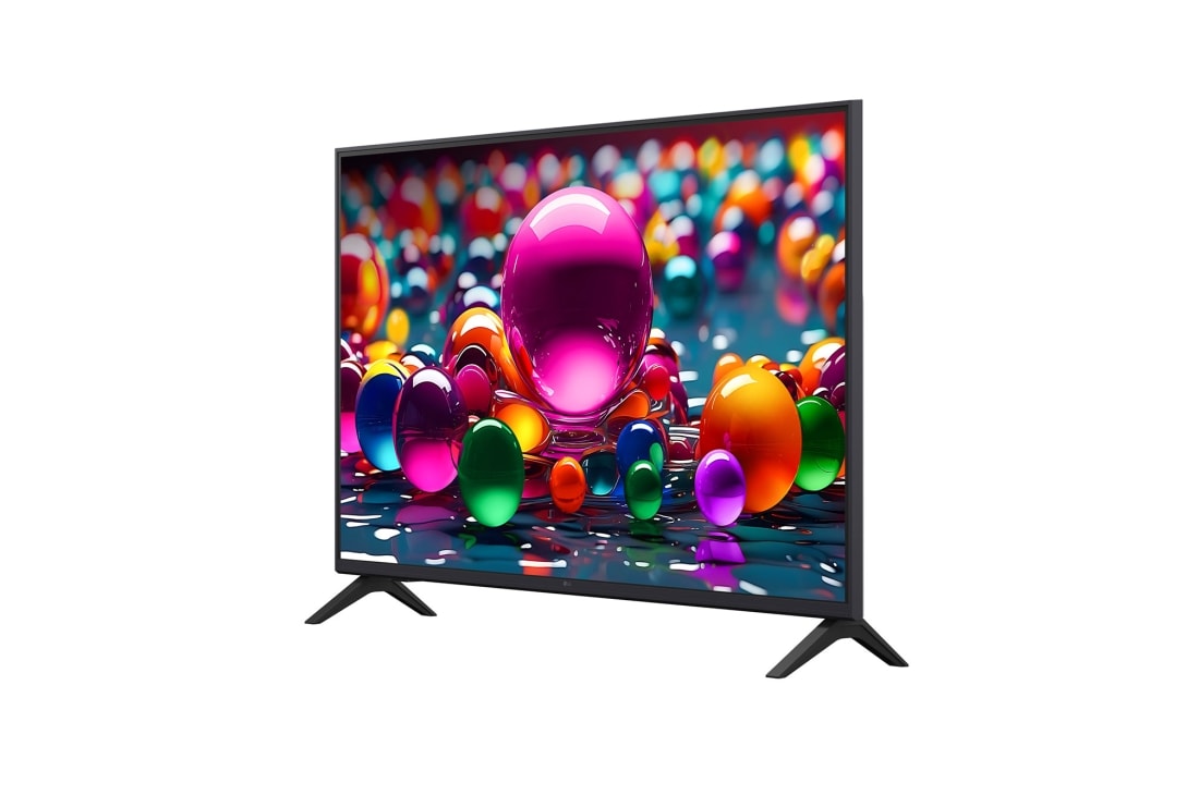 LG Телевизор LG 43UA74006LB 43'' UHD AI 4K 2025, Вид с поворота телевизора LG UHD UA74  слева с акцентом на вид рамки. На скринфиле изображены стеклянные сферы., 43UA74006LB, thumbnail 4
