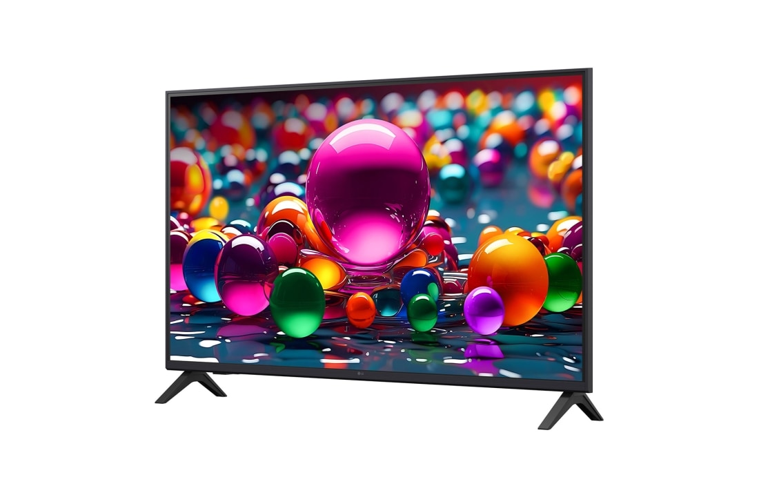 LG Телевизор LG 43UA74006LB 43'' UHD AI 4K 2025, Вид телевизора LG UHD UA74  на поворот слева в три четверти фронтальный. На скринфиле изображены стеклянные сферы., 43UA74006LB, thumbnail 5