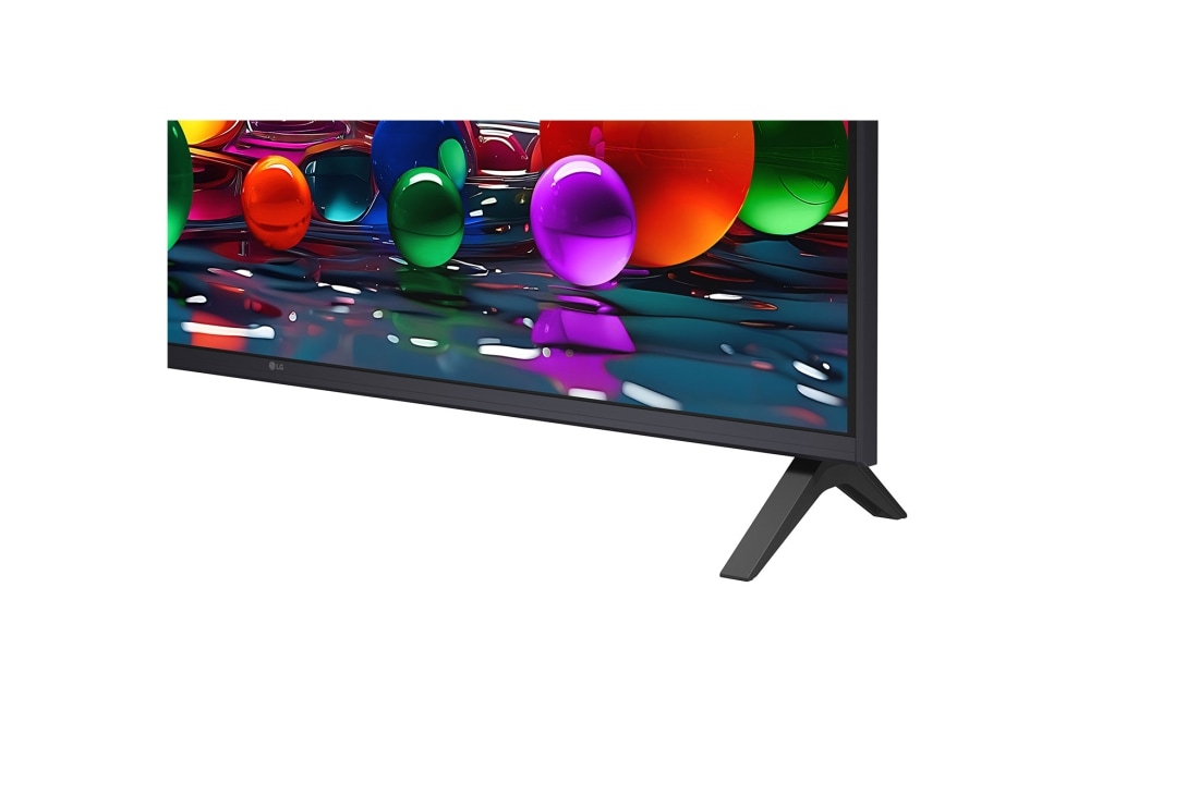 LG Телевизор LG 43UA74006LB 43'' UHD AI 4K 2025, Крупный план подставки телевизора LG UHD UA74. Видна подставка, угол телевизора с рамкой и скринфил со стеклянными сферами. , 43UA74006LB, thumbnail 8