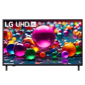 Фронтальный вид телевизора LG UHD UA74 с лого LG UHD Al в верхнем углу. На скринфиле изображены стеклянные сферы.