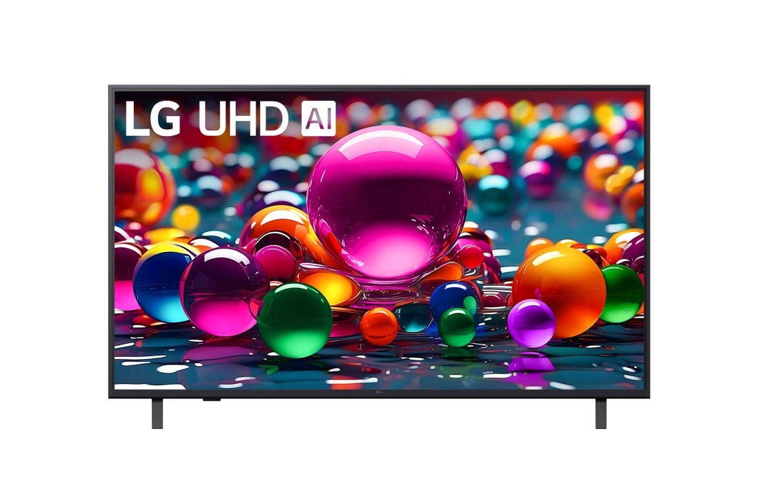 LG 50-дюймовый телевизор Smart TV LG UHD AI UА74 4K 2025, Фронтальный вид телевизора LG UHD UA74 с лого LG UHD Al в верхнем углу. На скринфиле изображены стеклянные сферы., 50UA74006LB
