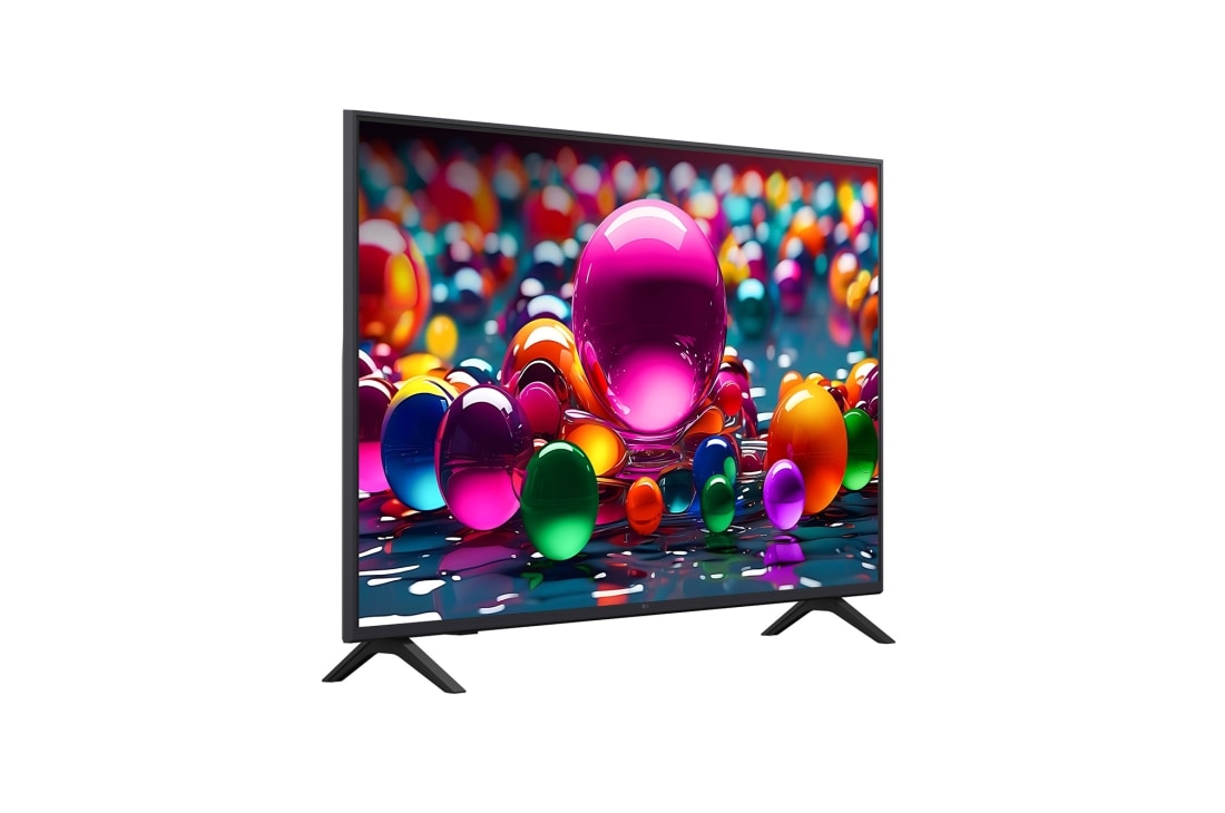 LG Телевизор LG 50UA74006LB 50'' UHD AI 4K 2025, Вид с поворота телевизора LG UHD UA74 справа с акцентом на вид рамки. На скринфиле изображены стеклянные сферы., 50UA74006LB, thumbnail 3
