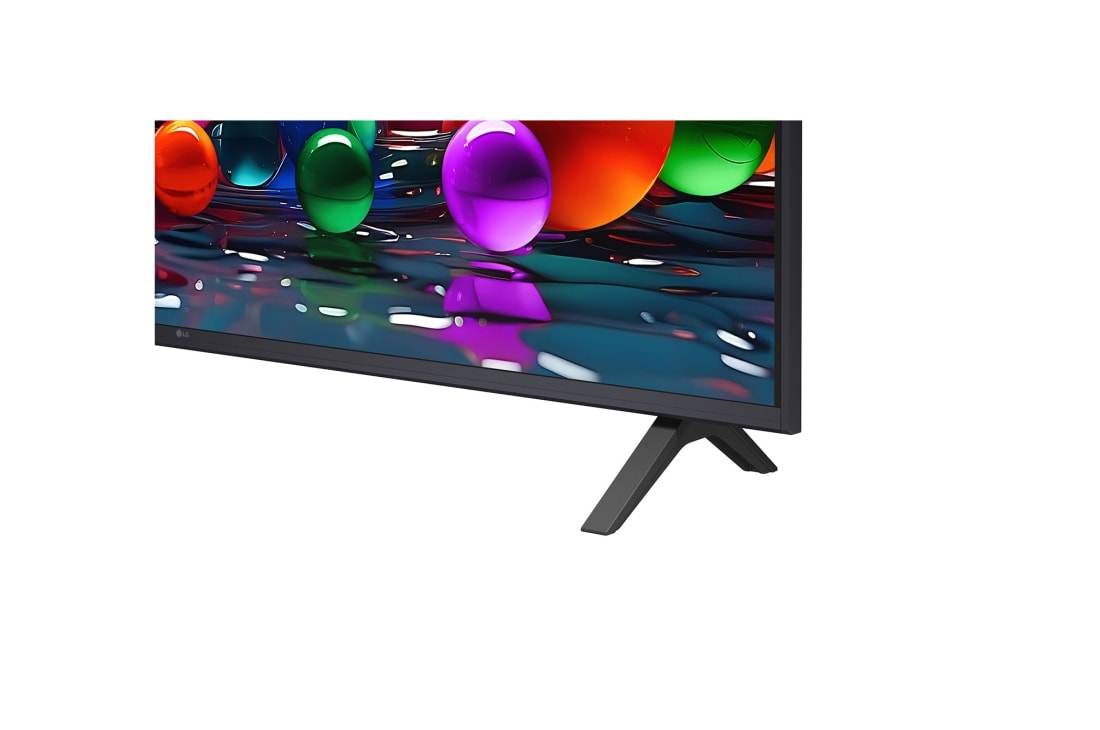 LG Телевизор LG 50UA74006LB 50'' UHD AI 4K 2025, Крупный план подставки телевизора LG UHD UA74. Видна подставка, угол телевизора с рамкой и скринфил со стеклянными сферами. , 50UA74006LB, thumbnail 8