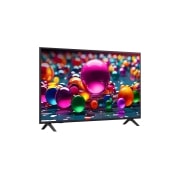 LG Телевизор LG 50UA74006LB 50'' UHD AI 4K 2025, Вид телевизора LG UHD UA74 на поворот справа в три четверти фронтальный. На скринфиле изображены стеклянные сферы., 50UA74006LB, thumbnail 2