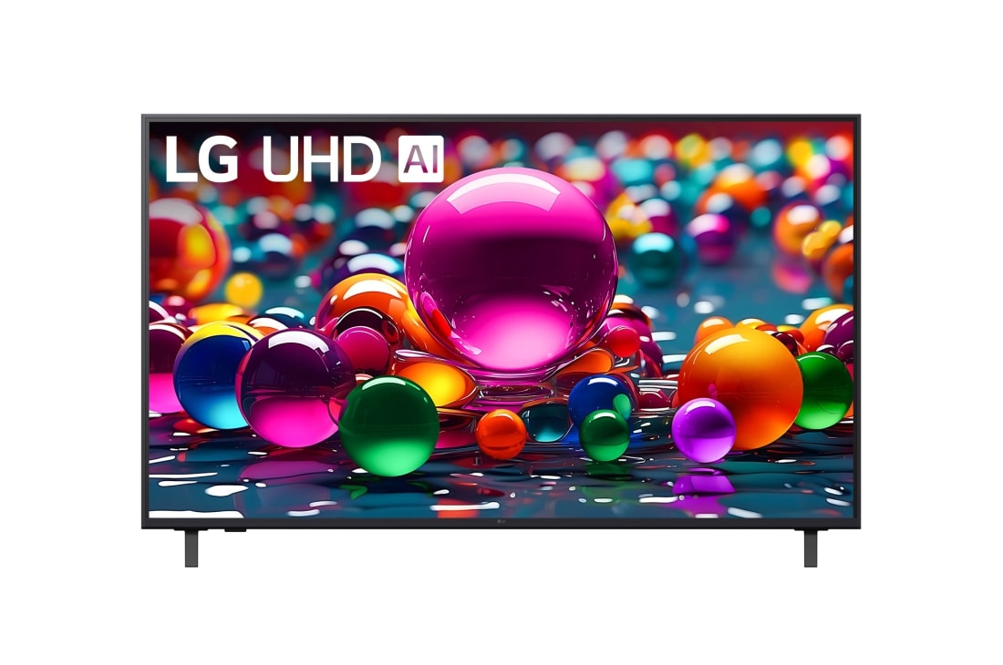 LG 55-дюймовый телевизор Smart TV LG UHD AI UА74 4K 2025, Фронтальный вид телевизора LG UHD UA74 с лого LG UHD Al в верхнем углу. На скринфиле изображены стеклянные сферы., 55UA74006LB