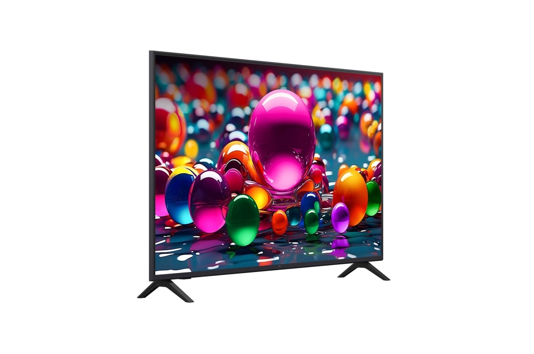 LG Телевизор LG 55UA74006LB 55'' UHD AI 4K 2025, Вид с поворота телевизора LG UHD UA74 справа с акцентом на вид рамки. На скринфиле изображены стеклянные сферы., 55UA74006LB, thumbnail 3