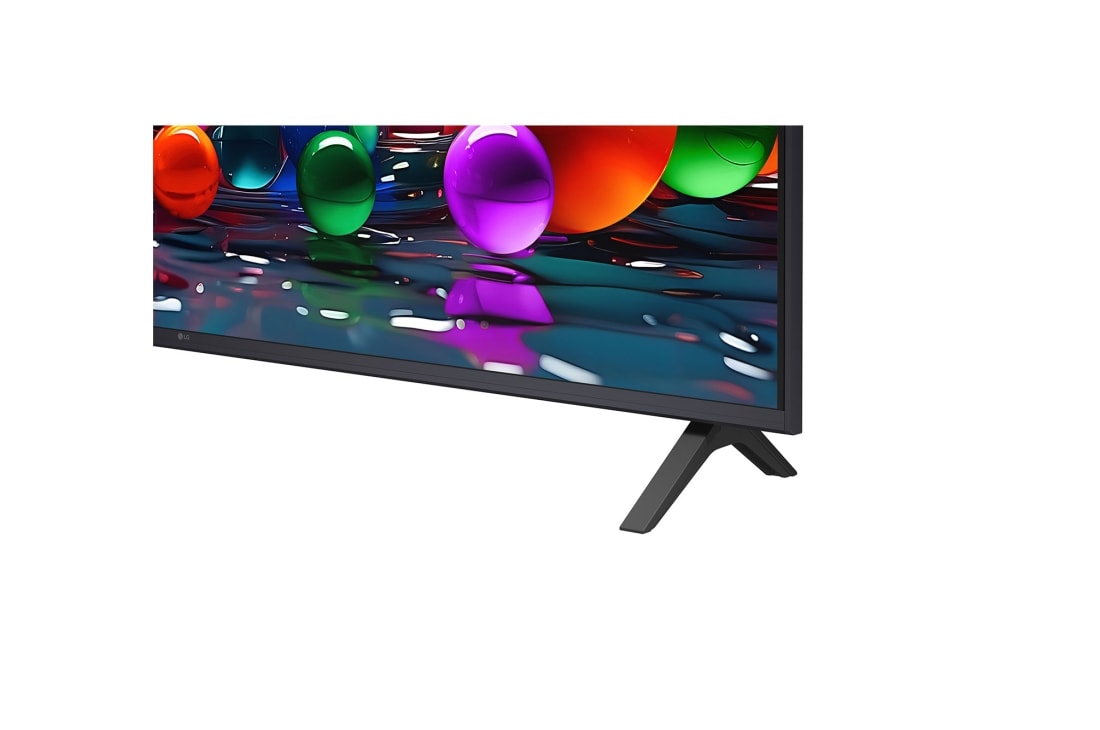 LG Телевизор LG 55UA74006LB 55'' UHD AI 4K 2025, Крупный план подставки телевизора LG UHD UA74. Видна подставка, угол телевизора с рамкой и скринфил со стеклянными сферами. , 55UA74006LB, thumbnail 8
