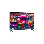 LG Телевизор LG 55UA74006LB 55'' UHD AI 4K 2025, Вид телевизора LG UHD UA74 на поворот справа в три четверти фронтальный. На скринфиле изображены стеклянные сферы., 55UA74006LB, thumbnail 2