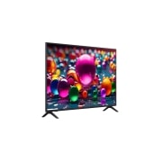 LG Телевизор LG 55UA74006LB 55'' UHD AI 4K 2025, Вид с поворота телевизора LG UHD UA74 справа с акцентом на вид рамки. На скринфиле изображены стеклянные сферы., 55UA74006LB, thumbnail 3