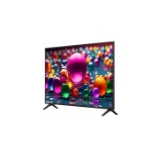LG Телевизор LG 55UA74006LB 55'' UHD AI 4K 2025, Вид с поворота телевизора LG UHD UA74  слева с акцентом на вид рамки. На скринфиле изображены стеклянные сферы., 55UA74006LB, thumbnail 4