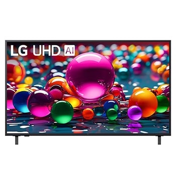 Фронтальный вид телевизора LG UHD UA74 с лого LG UHD Al в верхнем углу. На скринфиле изображены стеклянные сферы.1