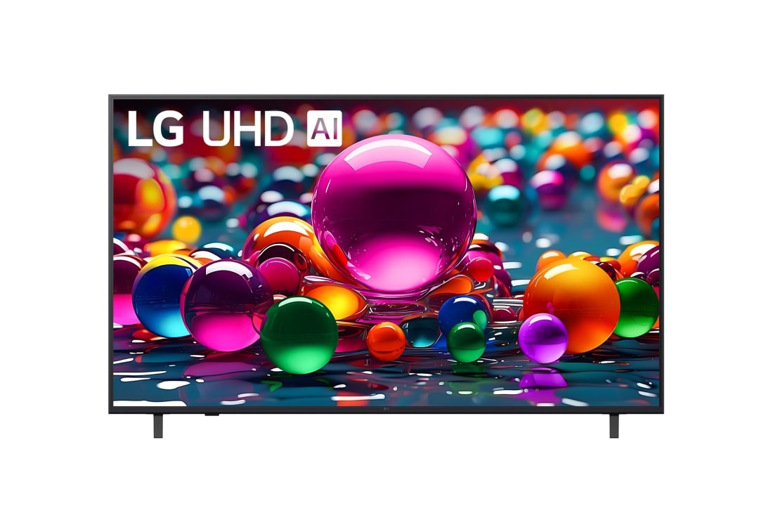 LG 65-дюймовый телевизор Smart TV LG UHD AI UА74 4K 2025, Фронтальный вид телевизора LG UHD UA74 с лого LG UHD Al в верхнем углу. На скринфиле изображены стеклянные сферы., 65UA74006LB