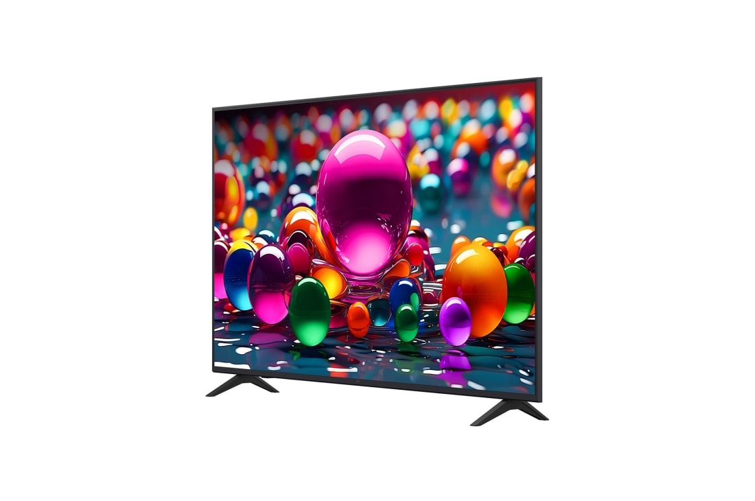 LG Телевизор LG 65UA74006LB 65'' UHD AI 4K 2025, Вид с поворота телевизора LG UHD UA74  слева с акцентом на вид рамки. На скринфиле изображены стеклянные сферы., 65UA74006LB, thumbnail 4